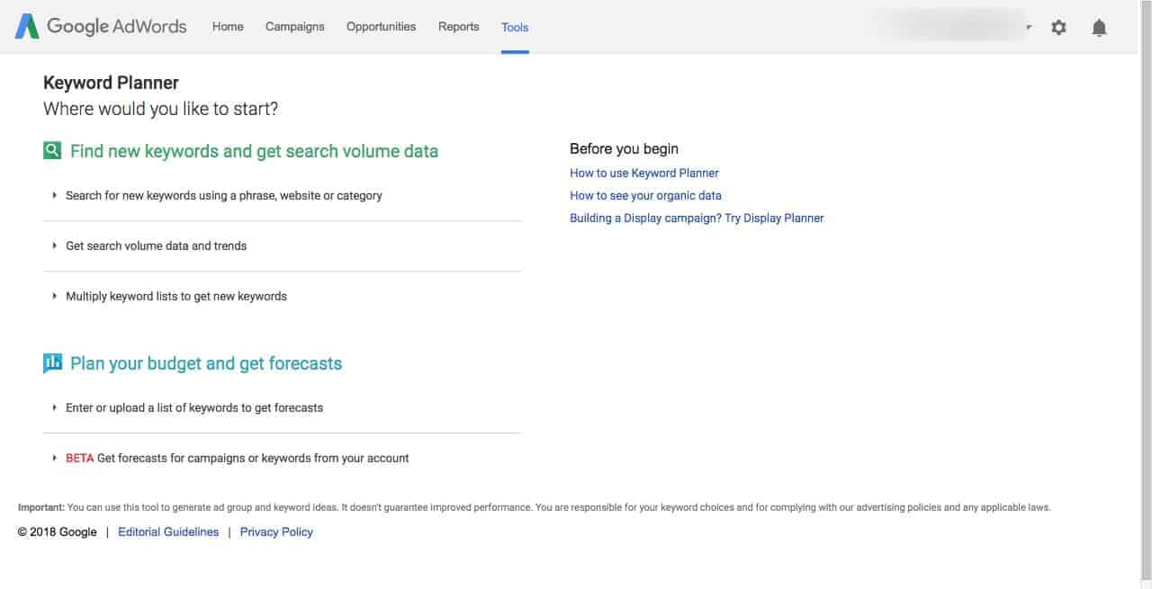 Google Keyword Planner screenshot