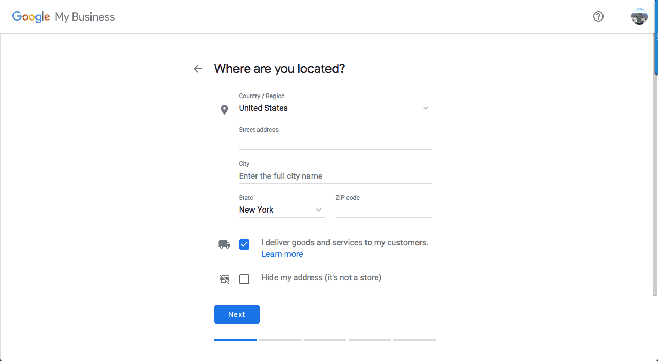 Where to add your address when creating a Google My Business profile