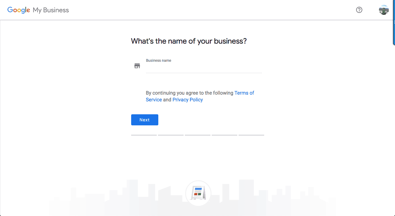 Where to add your business name when creating a Google My Business profile.