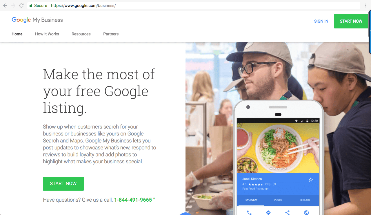 Home page to sign up for Google My Business