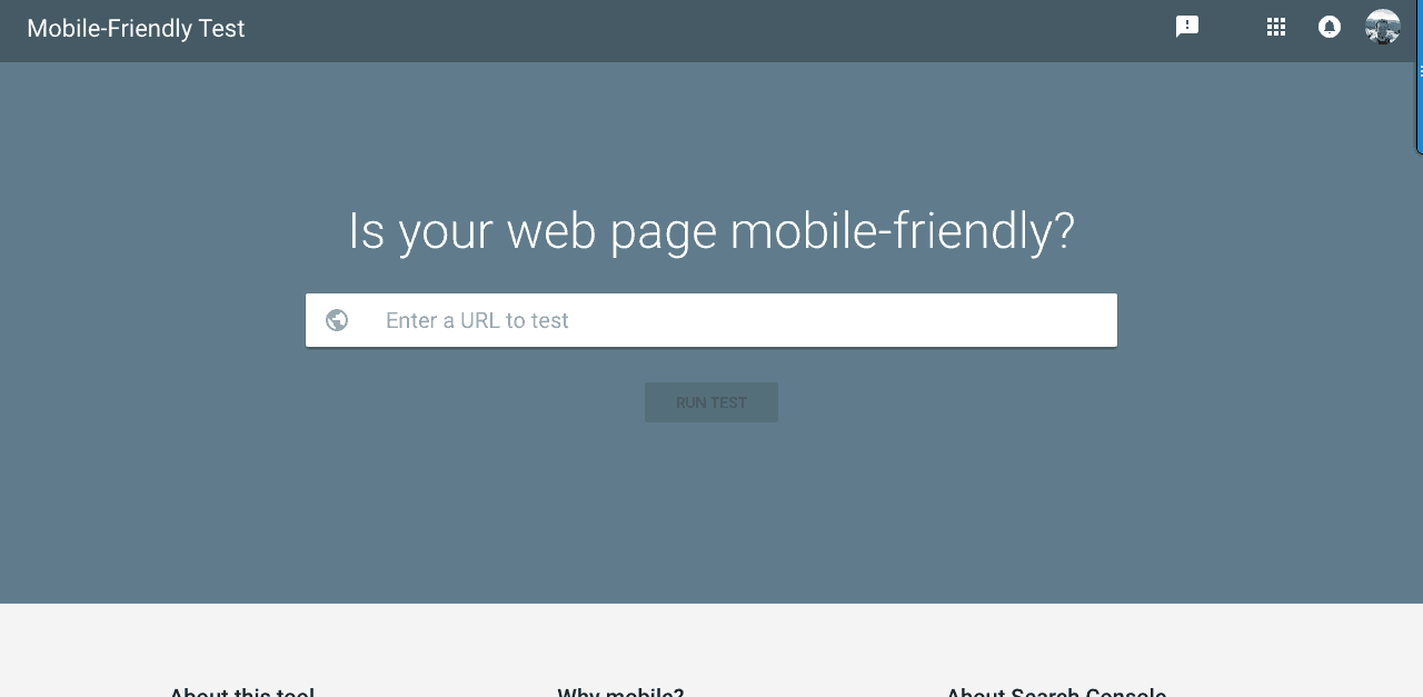 google mobile friendly testing tool homepage