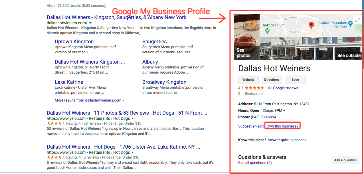 Google My Business profile in the Google Search results