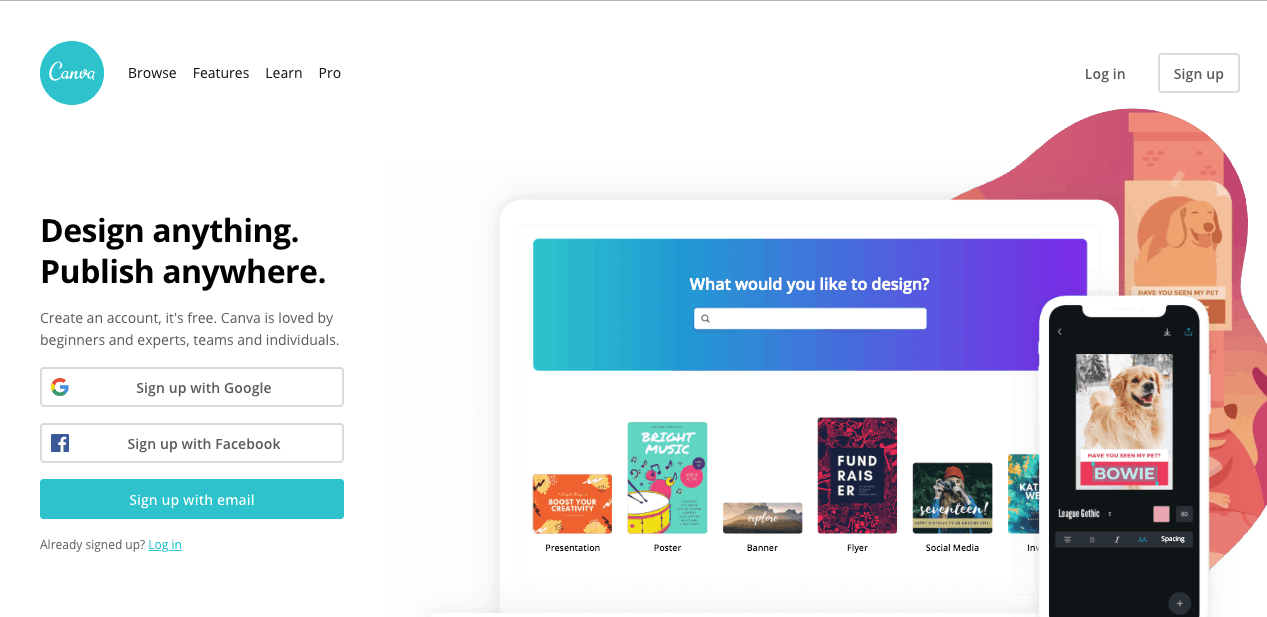 screenshot of the homepage of Canva